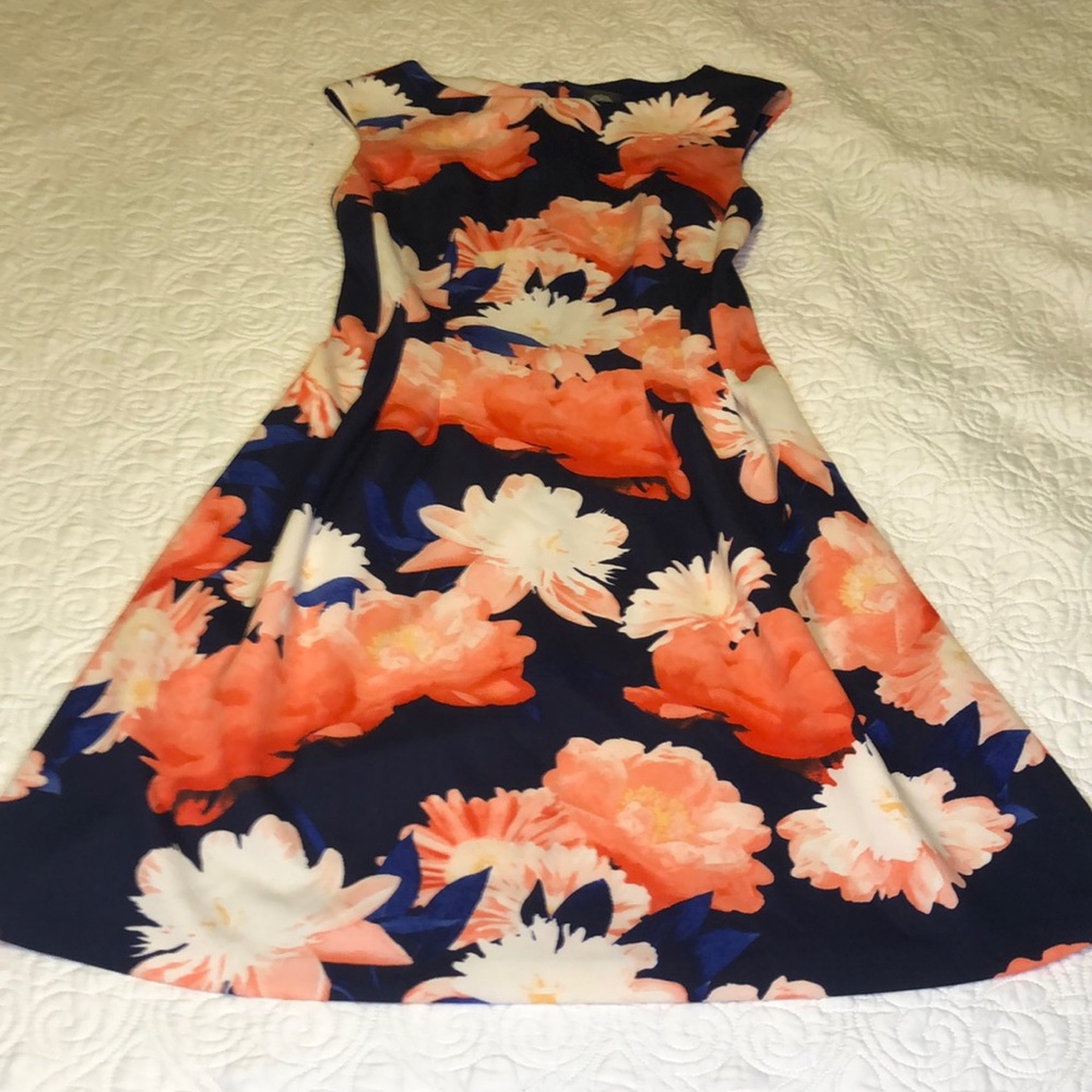 Navy dress with big floral pattern